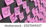 Many pink stickers on black board background with uranus symbol drawn on them. Closeup view with narrow depth of field and selective focus. 3d render, Illustration