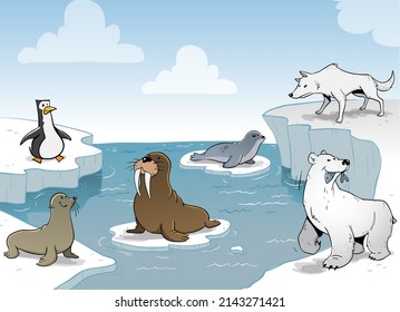 Many Polar Animals: Penguin, Sealion, Seal, Polar Bear, Polar Wolf