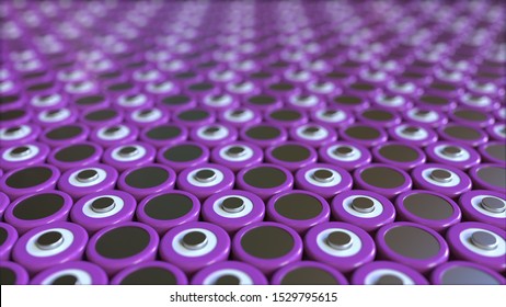 Many Purple Lithium-ion Batteries Used In Industrial Battery Packs For Portable Electronics And Electric Vehicles. 3D Rendering