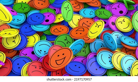 Many Round And Colored Faces With Different Emotions Lie On Top Of Each Other - 3d Illustration