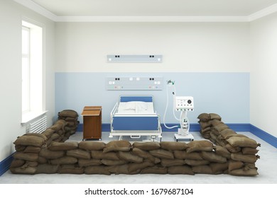 Many Sandbags As A Barrier Around A Single Bed With A Ventilator In The Intensive Care Unit In A Clinic (3D Rendering)