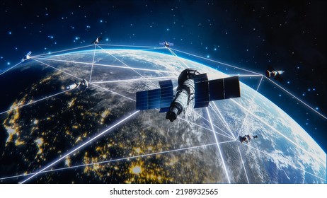 Muchos satélites que vuelan sobre la Tierra desde el espacio se conectan y cubren el planeta con la red de información de digitalización. Red Global De Datos Que Conecta Todo El Mundo. Representación de VFX 3D
