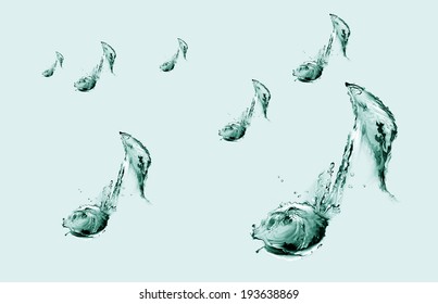 Many scattered musical notes made of water in green. 