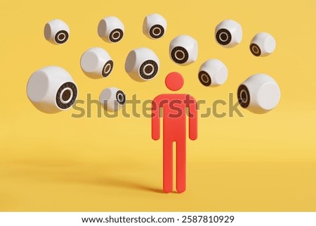 Many security cameras tracking a red person symbol on a yellow background. 3D illustration of the concept of mass surveillance and breach of personal data privacy