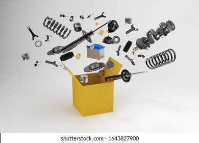 Many spare parts flying out of the box gray background. Isolated auto spare parts on gray background. Auto spare parts for passenger car, OEM. 3D rendering