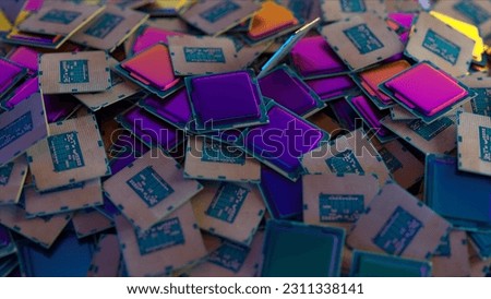Many square rainbow chips fall from above into a pile of chips. Computer. AI. CPU. Blue, pink neon color. High quality 3d illustration