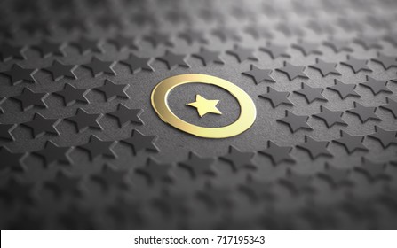 Many stars in relief on black paper background with focus on a golden one surrounded by a circle. Concept of Uniqueness and quality difference. 3D illustration