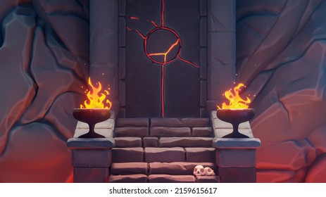 Many steps to stone gates with glowing circle in the rock. Burning yellow-red torches in round concrete fire pit bowls on the sides of stairs, human skulls. Dark dungeon in a fantasy world. 3d render.