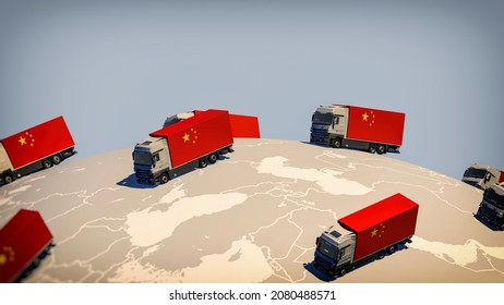 Many Trucks With The Chinese Flag Drive Around On A Globe - Chinese Exports Concept - New Trade Routes - 3d-illustration