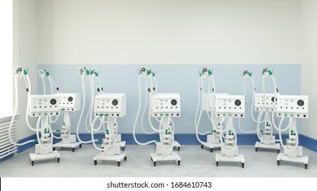Many ventilators and respirators in stock in a clinic warehouse during coronavirus epidemic (3D Rendering)