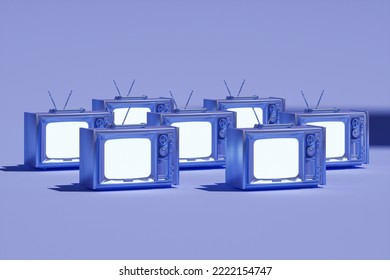 Many Vintage Television cartoon style isolate on blue background. Minimal Retro telly. Golden analog television with copy space. Old TV set with antenna. 3d rendering illustration.
 - Powered by Shutterstock