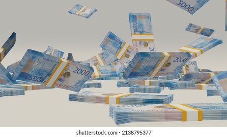 Many wads of money falling on table. 2000 russian ruble banknotes. Stacks of money. Financial and business concept. 3D render.