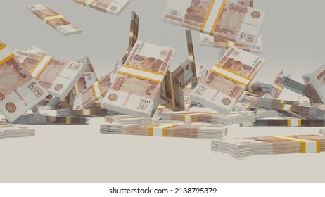 Many wads of money falling on table. 5000 russian ruble banknotes. Stacks of money. Financial and business concept. 3D render.