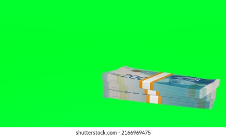 Many Wads Of Money Falling On Chromakey Background. 200 Israeli Shekel Banknotes. Stacks Of Money. Financial And Business Concept. Green Screen. 3D Render.