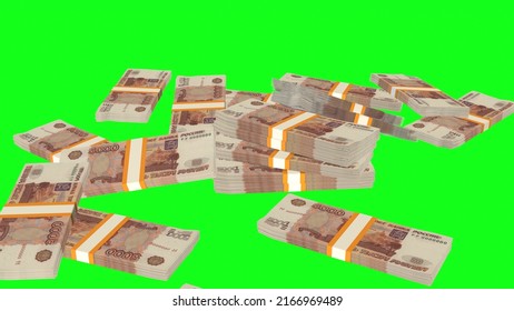 Many Wads Of Money Falling On Chromakey Background. 5000 Russian Ruble Banknotes. Stacks Of Money. Financial And Business Concept. Green Screen. 3D Render.