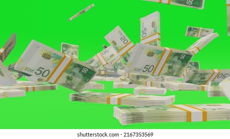 Many Wads Of Money Falling On Chromakey Background. 50 Israeli Shekel Banknotes. Stacks Of Money. Financial And Business Concept. Green Screen. 3D Render.