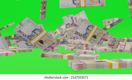Many Wads Of Money Falling On Chromakey Background. 200  
Ukrainian Hryvnia Banknotes. Stacks Of Money. Financial And Business Concept. Green Screen. 3D Render.
