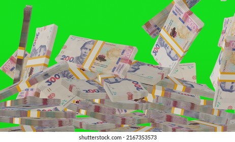 Many Wads Of Money Falling On Chromakey Background. 200  
Ukrainian Hryvnia Banknotes. Stacks Of Money. Financial And Business Concept. Green Screen. 3D Render.