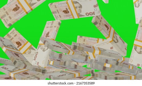 Many Wads Of Money Falling On Chromakey Background. 100  
Ukrainian Hryvnia Banknotes. Stacks Of Money. Financial And Business Concept. Green Screen. 3D Render.