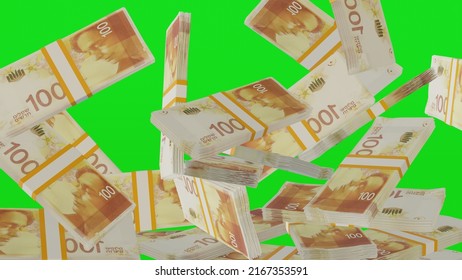 Many Wads Of Money Falling On Chromakey Background. 100 Israeli Shekel Banknotes. Stacks Of Money. Financial And Business Concept. Green Screen. 3D Render.