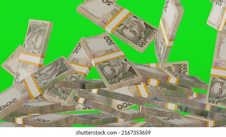 Many Wads Of Money Falling On Chromakey Background. 500  
Ukrainian Hryvnia Banknotes. Stacks Of Money. Financial And Business Concept. Green Screen. 3d Render.