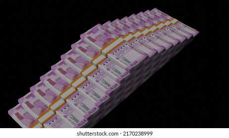 Many Wads Of Money  On Black Background. 2000 Indian Rupees Banknotes. Stacks Of Money. Financial And Business Concept. 3d Render.