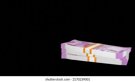 Many Wads Of Money  On Black Background. 2000 Indian Rupees Banknotes. Stacks Of Money. Financial And Business Concept. 3d Render.