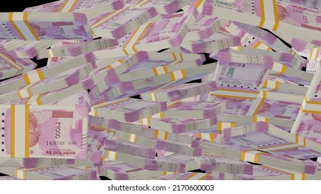 Many Wads Of Money  On Black Background. 2000 Indian Rupees Banknotes. Stacks Of Money. Financial And Business Concept. 3d Render.