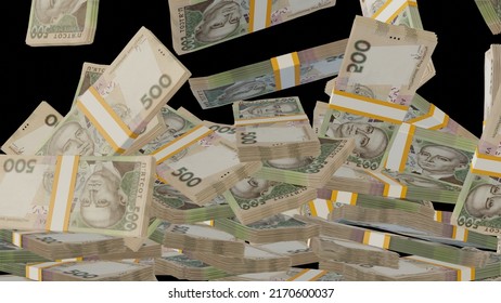 Many Wads Of Money On Black Background. 500 Ukrainian Hryvnia Banknotes. Stacks Of Money. Financial And Business Concept. 3D Render.