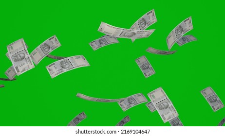 Many Wads Of Money  On Chromakey Background. 500 Indian Rupees Banknotes. Stacks Of Money. Financial And Business Concept. 3D Render.