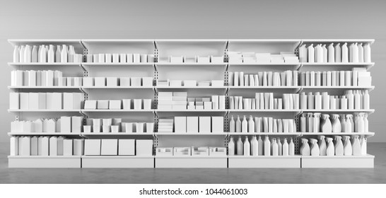 Many White Products On The Shelf In The Supermarket To Choose From (3D Rendering)