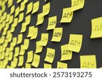 Many yellow stickers on black board background with symbol of Macedonia denar drawn on them. Closeup view with narrow depth of field and selective focus. 3d render, illustration