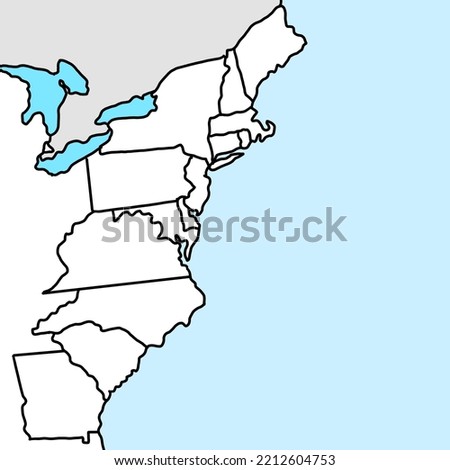 Map of the 13 original colonies with borders. Light color