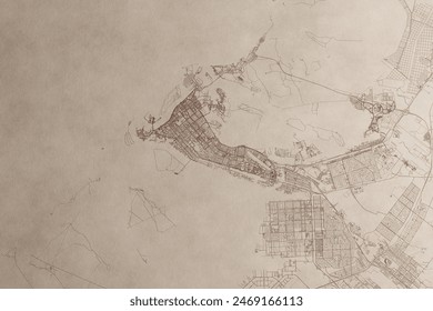 Map of Abu Dhabi (UAE) on an old vintage sheet of paper. Retro style grunge beige paper with light coming from right. 3d render, illustration