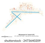 Map of airport Albuquerque International Sunport in Albuquerque (US). IATA-code: ABQ. Airport diagram with runways, taxiways, apron, parking areas and buildings. Map data from OpenStreetMap.