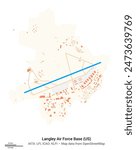 Map of airport Langley Air Force Base in Hampton (US). IATA-code: LFI. Airport diagram with runways, taxiways, apron, parking areas and buildings. Map data from OpenStreetMap.