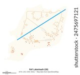 Map of airport RAF Lakenheath in Lakenheath (GB). IATA-code: LKZ. Airport diagram with runways, taxiways, apron, parking areas and buildings. Map data from OpenStreetMap.