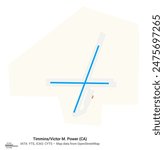 Map of airport Timmins, Victor M. Power in Timmins (CA). IATA-code: YTS. Airport diagram with runways, taxiways, apron, parking areas and buildings. Map data from OpenStreetMap.