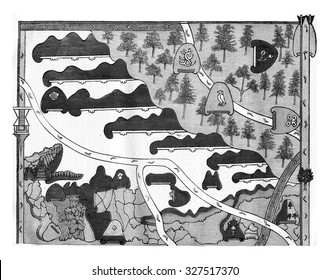 Map Of Ancient Natives Of New Spain (Aztecs), Vintage Engraved Illustration. Magasin Pittoresque 1882.
