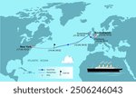 Map of the Atlantic Ocean passenger liner RMS Titanic route from Southampton to New York