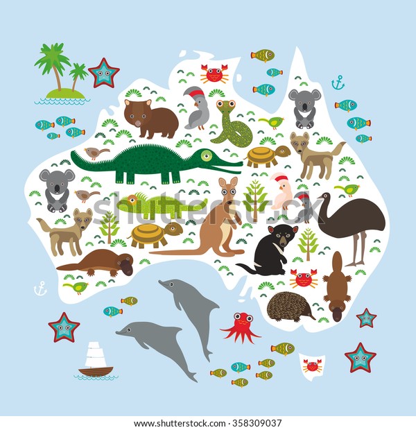 Map Australia Echidna Platypus Ostrich Emu Stock Illustration 358309037 