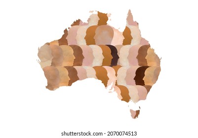 Map Of Australia With Multicultural And Diverse Faces With Different Racial Skin Tones. Representation Of Australian Racism, Immigration, Equality, Diversity, And Asylum Seekers. 