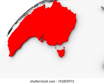 Map of Australia in red on grey political globe. 3D illustration.