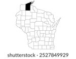 Map of Bayfield County in Wisconsin state on white background. single County map highlighted by black colour on Wisconsin map. UNITED STATES, US