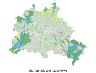 Map Of Berlin Showing The City Structure With Built-up Areas, Agriculture, Forest, Water, And Transportation