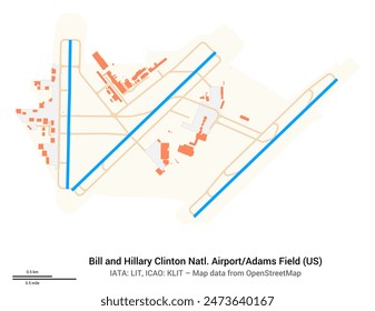 Map of Bill and Hillary Clinton National Airport, Adams Field in Little Rock (US). IATA-code: LIT. Airport diagram with runways and taxiways. Map data from OpenStreetMap.