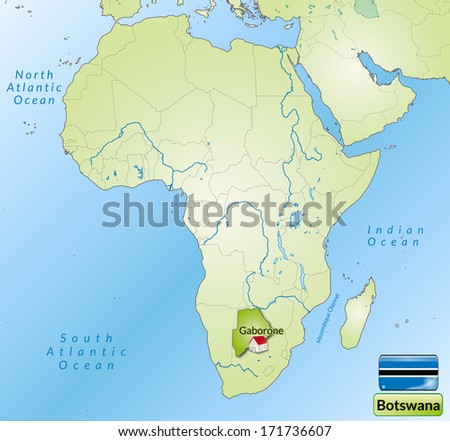 Map of Botswana with main cities in green