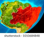 Map of Brazil in red as seen from space on planet Earth with white borderlines. 3D illustration. Elements of this image furnished by NASA.