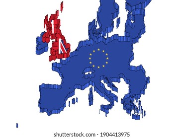 Map For Brexit, 3D Illustration.  Borders Of UK And EU. Concept For Brexit. United Kingdom And European Union Maps Filled With Their Flags. Space For Text. 
