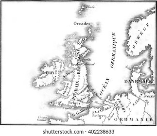 Map Of Britain Before The Roman Conquest, Vintage Engraved Illustration. Colorful History Of England, 1837.
